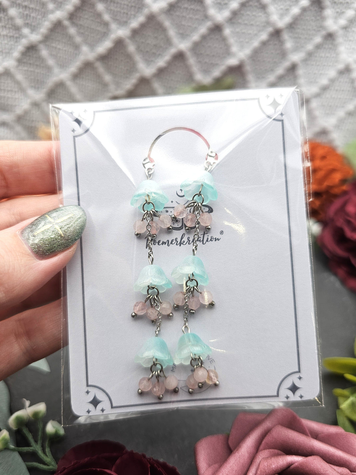 Ohrringe Floral Mint Lang | Rosaquarz | Edelstahl