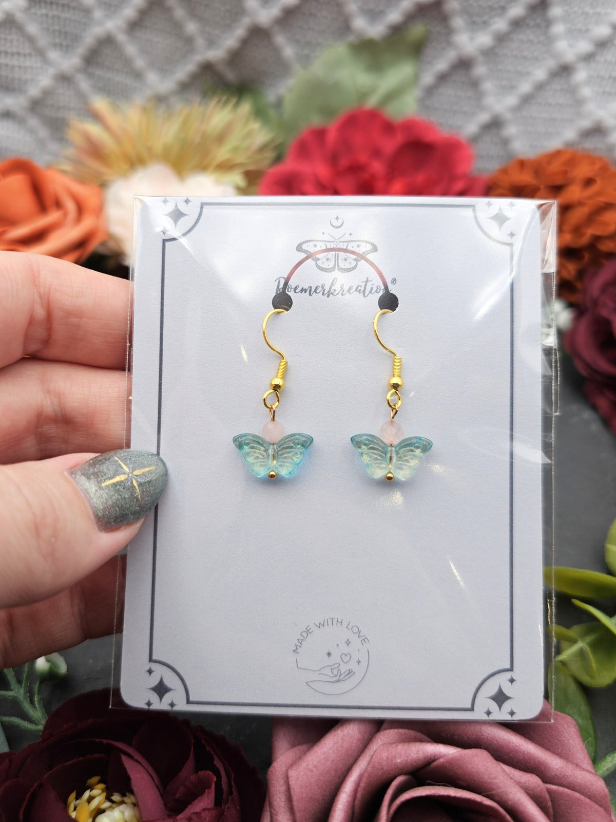 Ohrringe Schmetterling Mint | Rosaquarz | Edelstahl vergoldet