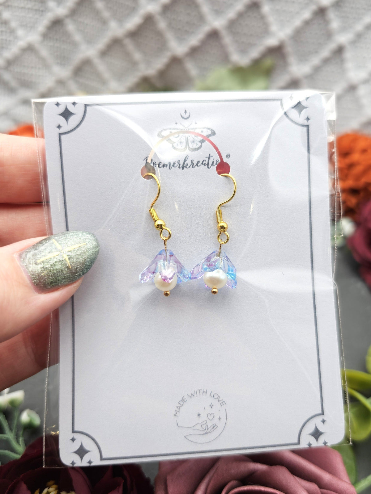 Ohrringe Floral Blau-Lila | Süßwasserzuchtperle | Edelstahl vergoldet