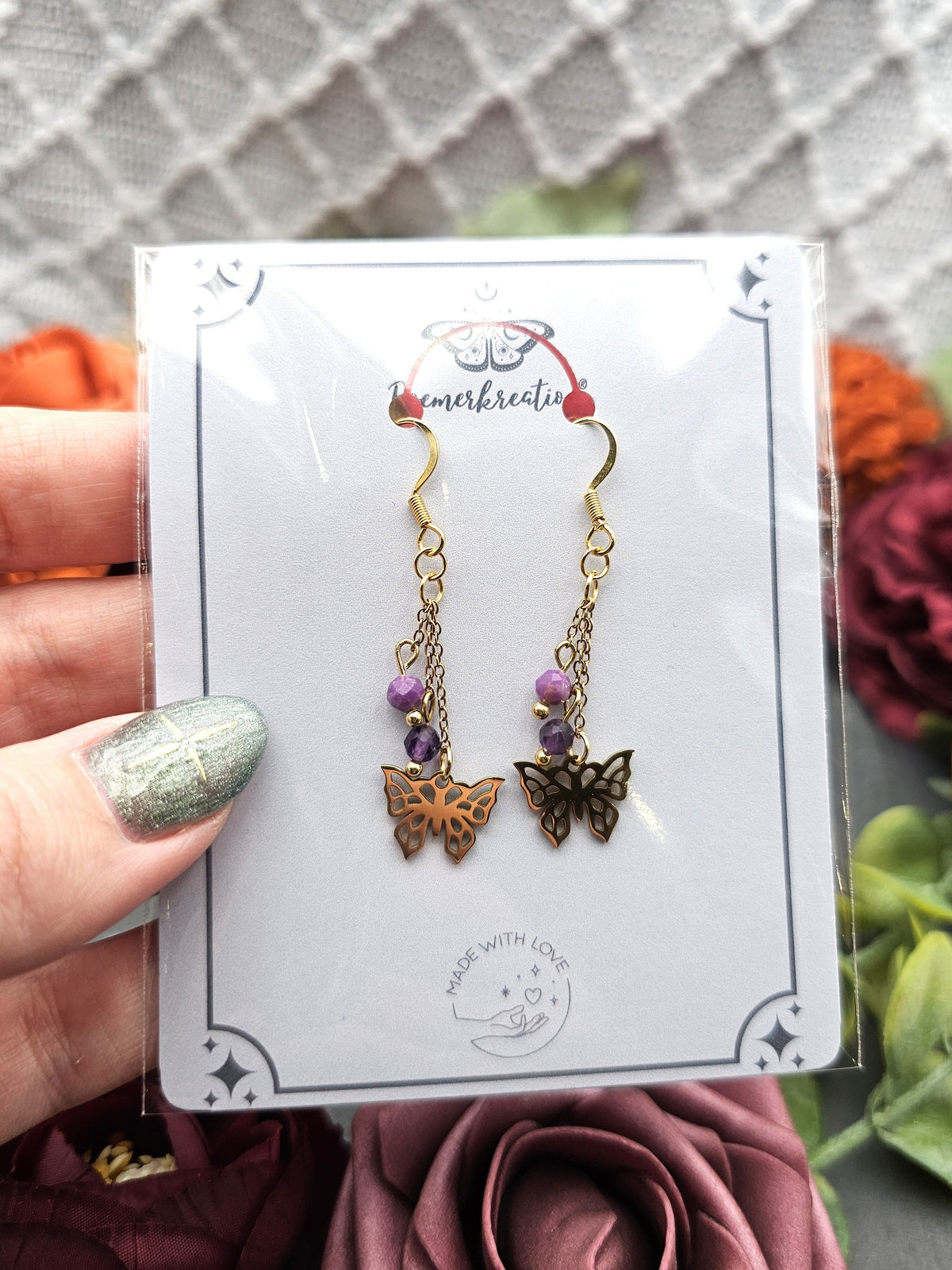 Ohrringe Schmetterlinge | Amethyst & Lepidolith | Edelstahl vergoldet