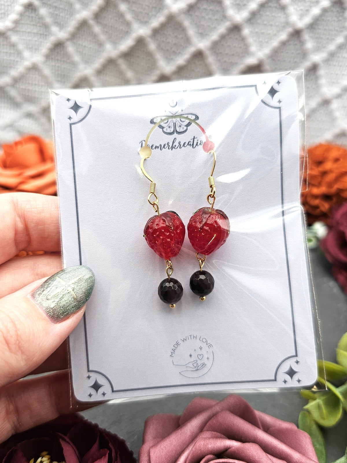 Ohrringe Erdbeeren | Onyx | Edelstahl vergoldet