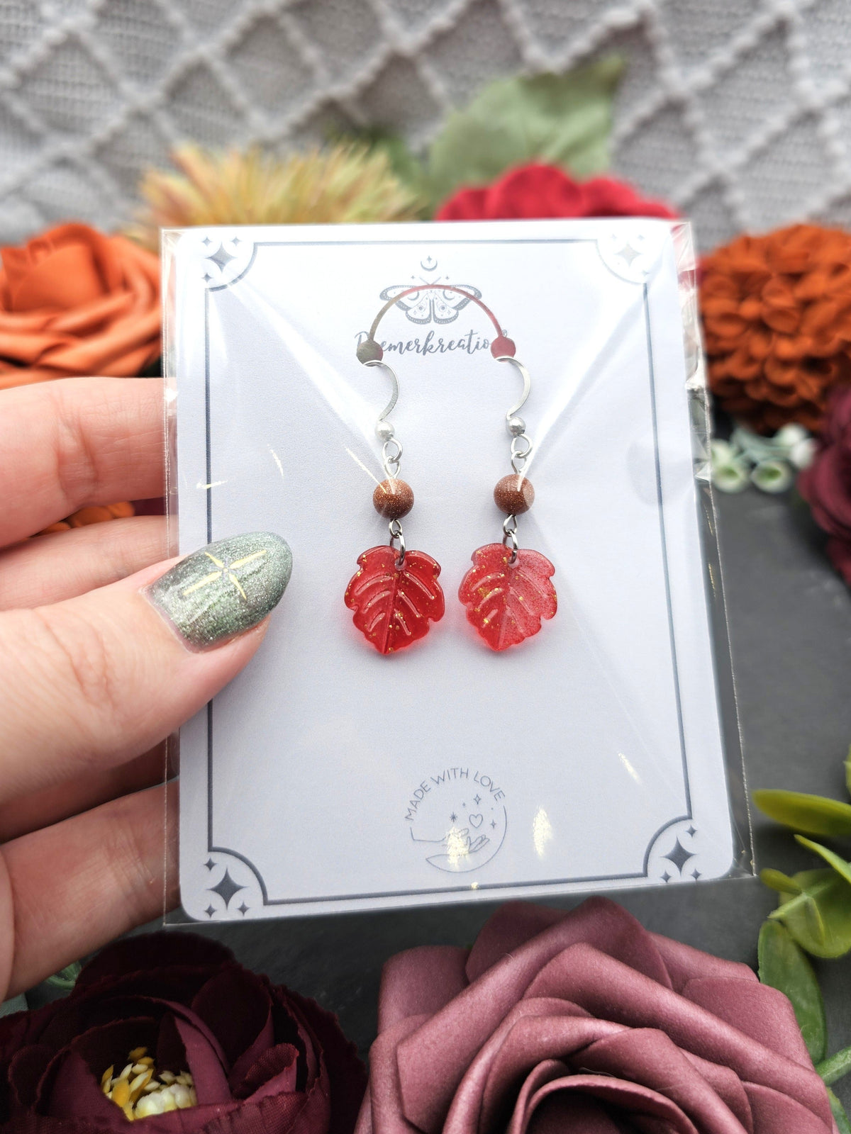 Ohrringe Blätter Rot | Sonnenstein | Edelstahl