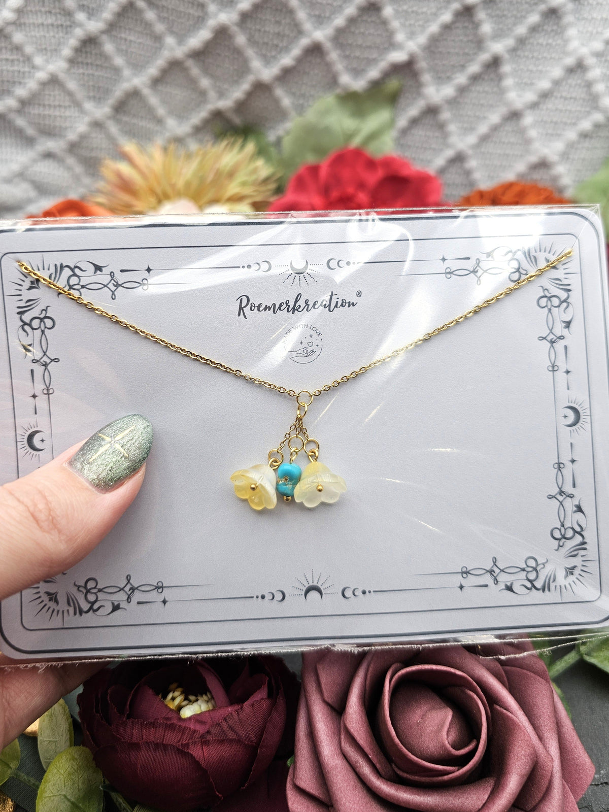 Halskette Floral Gelb | Türkis | Edelstahl vergoldet
