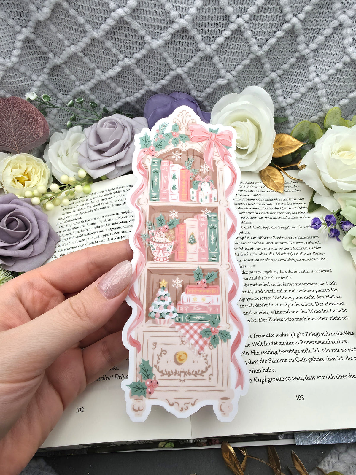 Lesezeichen Christmas Bookshelf Rosa | Die Cut Bookmark