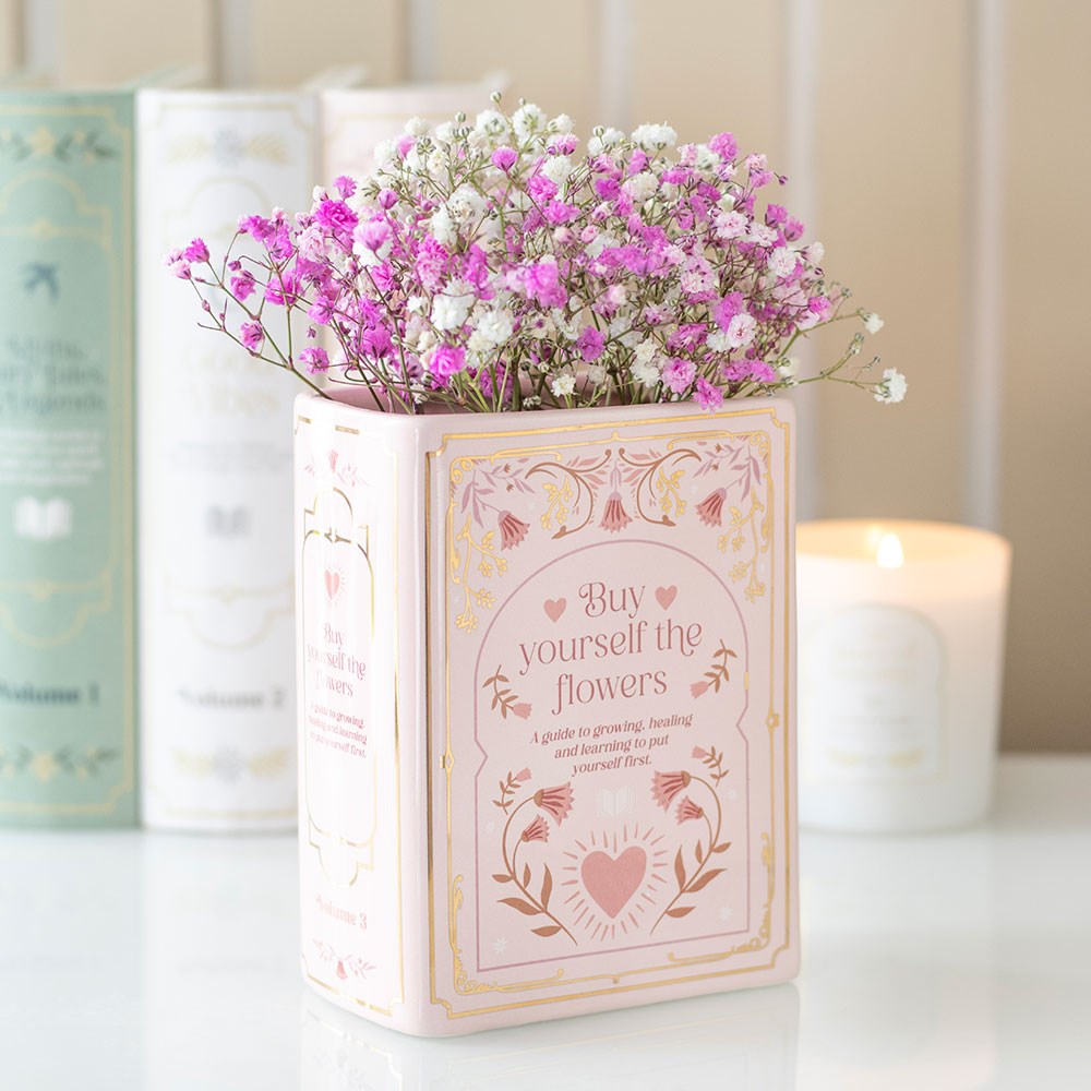 Vase rosa Buch "Buy yourself the flowers"