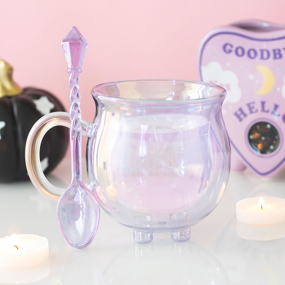 Tasse "Cauldron" mit Zauberstab Löffel Glas Lila