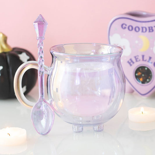 "Cauldron" Mug with Wand Spoon Glass Purple