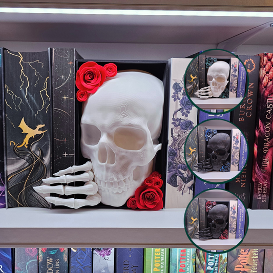 Book Nook Skull with Roses Large Color Selection | 3D Print | Bookend | Bookshelf Decoration