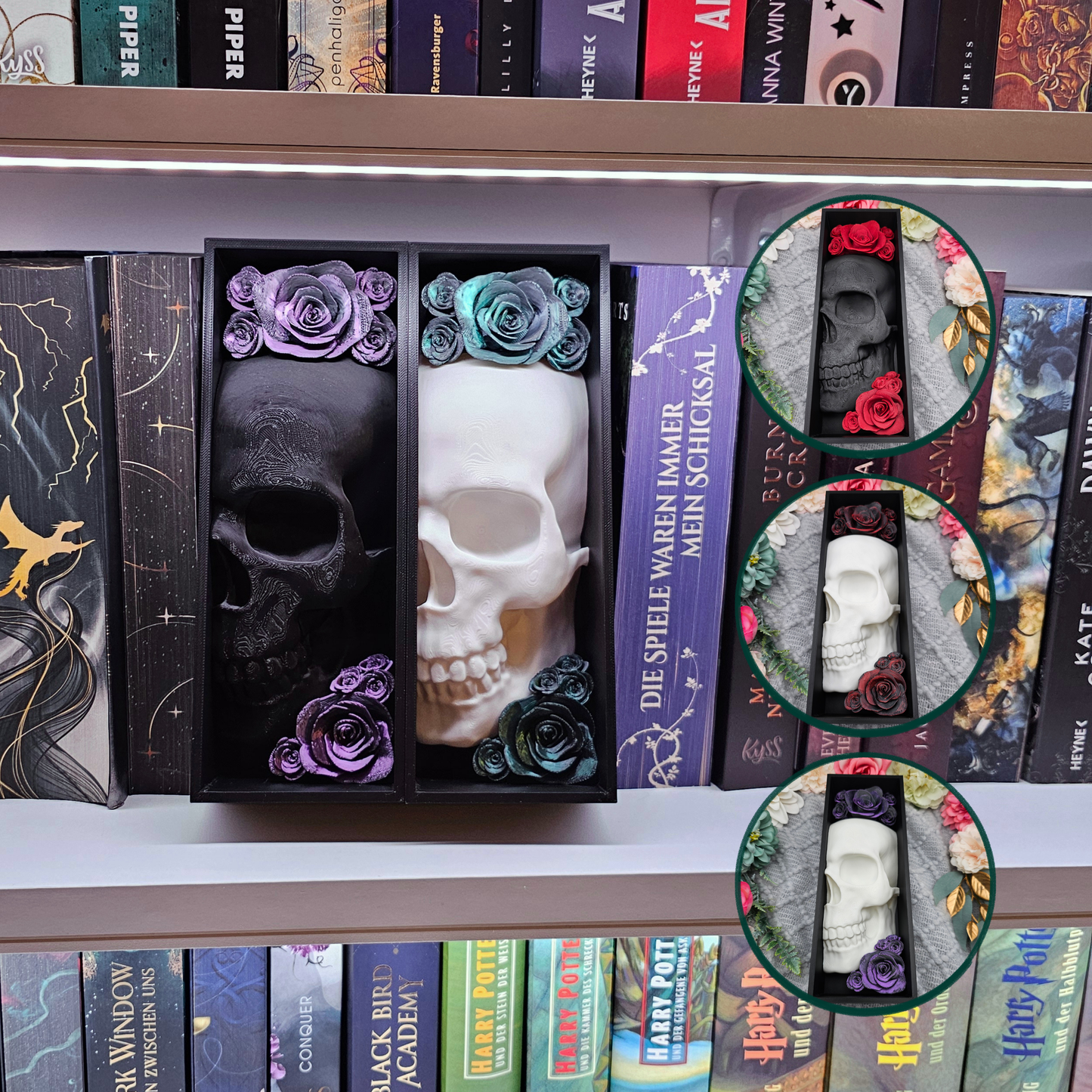 Book Nook Skull with Roses Small Color Selection | 3D Print | Bookend | Bookshelf Decoration