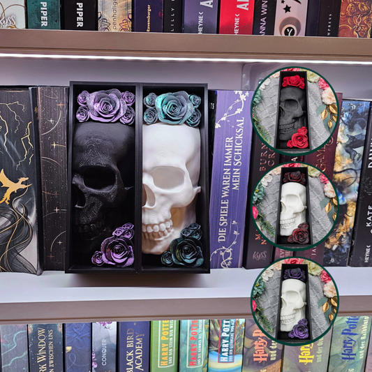 Book Nook Totenkopf mit Rosen Klein Farbauswahl | 3D Druck | Buchstütze | Dekoration Bücherregal