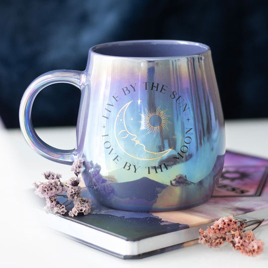 Mug "Live by the Sun Love by the Moon" iridescent midnight blue ceramic