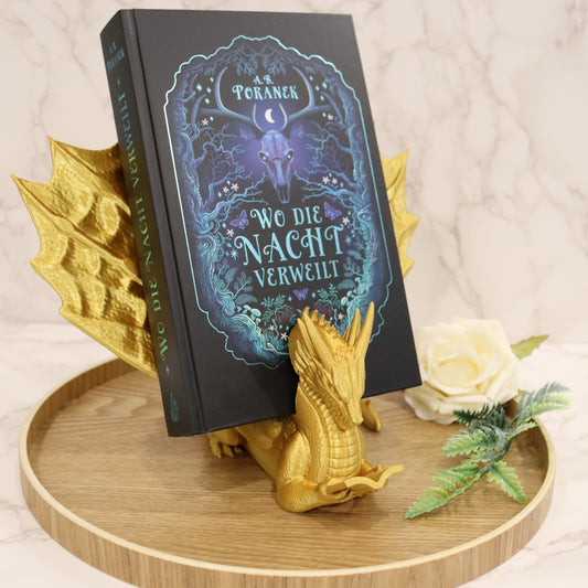 Buchhalter lesender Drache gold glänzend | verschiedene Größen | 3D Druck | Aufsteller Bücher E-Reader Tablet