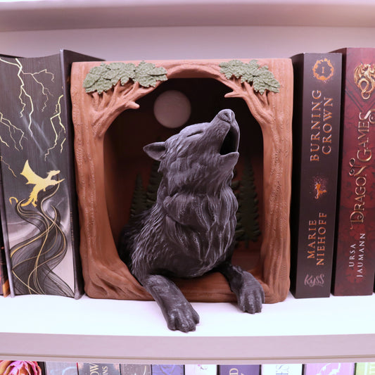 Book Nook Wolf Braun/Schwarz/Silber | 3D Druck | Buchstütze | Dekoration Bücherregal