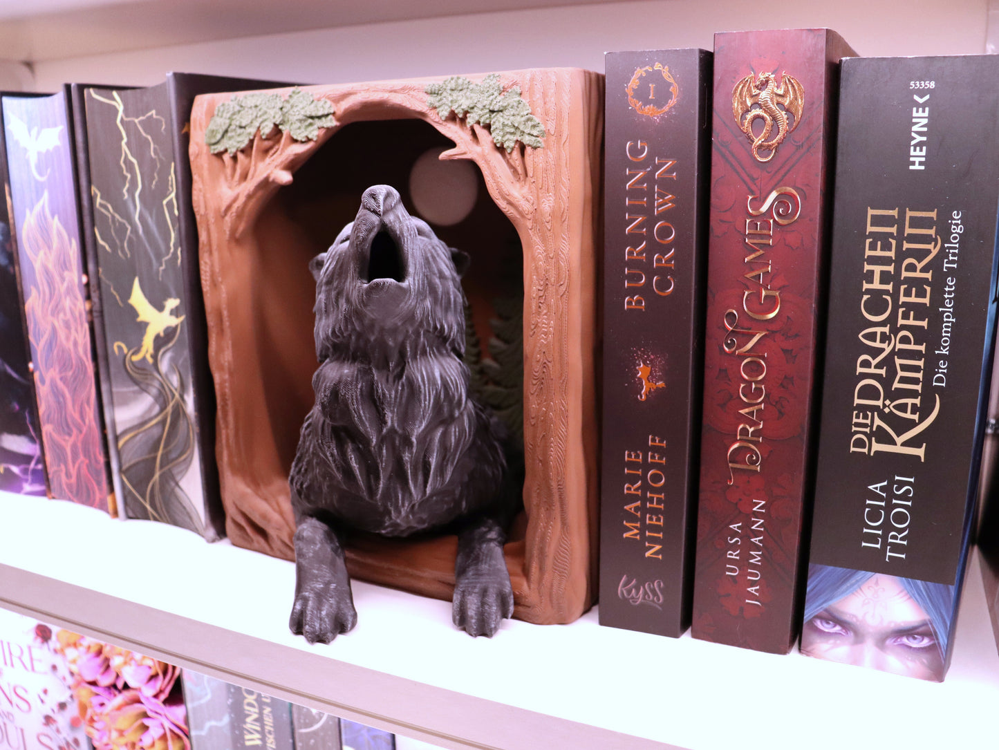 Book Nook Wolf Braun/Schwarz/Silber | 3D Druck | Buchstütze | Dekoration Bücherregal