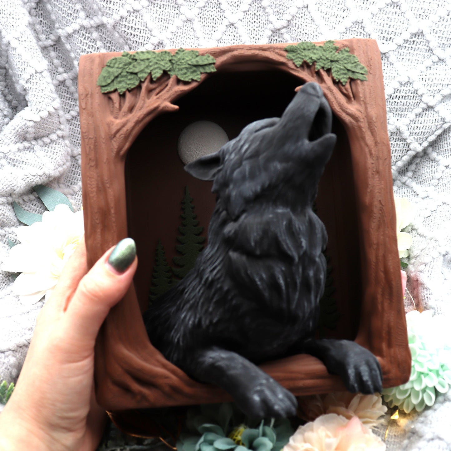 Book Nook Wolf Braun/Schwarz/Silber | 3D Druck | Buchstütze | Dekoration Bücherregal