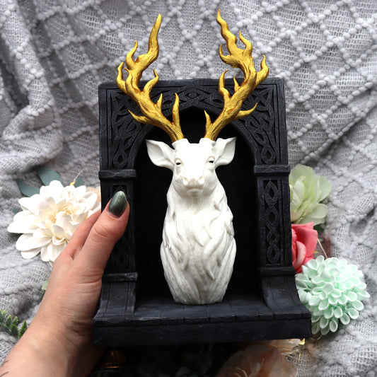 Book Nook Hirsch Schwarz/Weiß/Gold | 3D Druck | Buchstütze | Dekoration Bücherregal