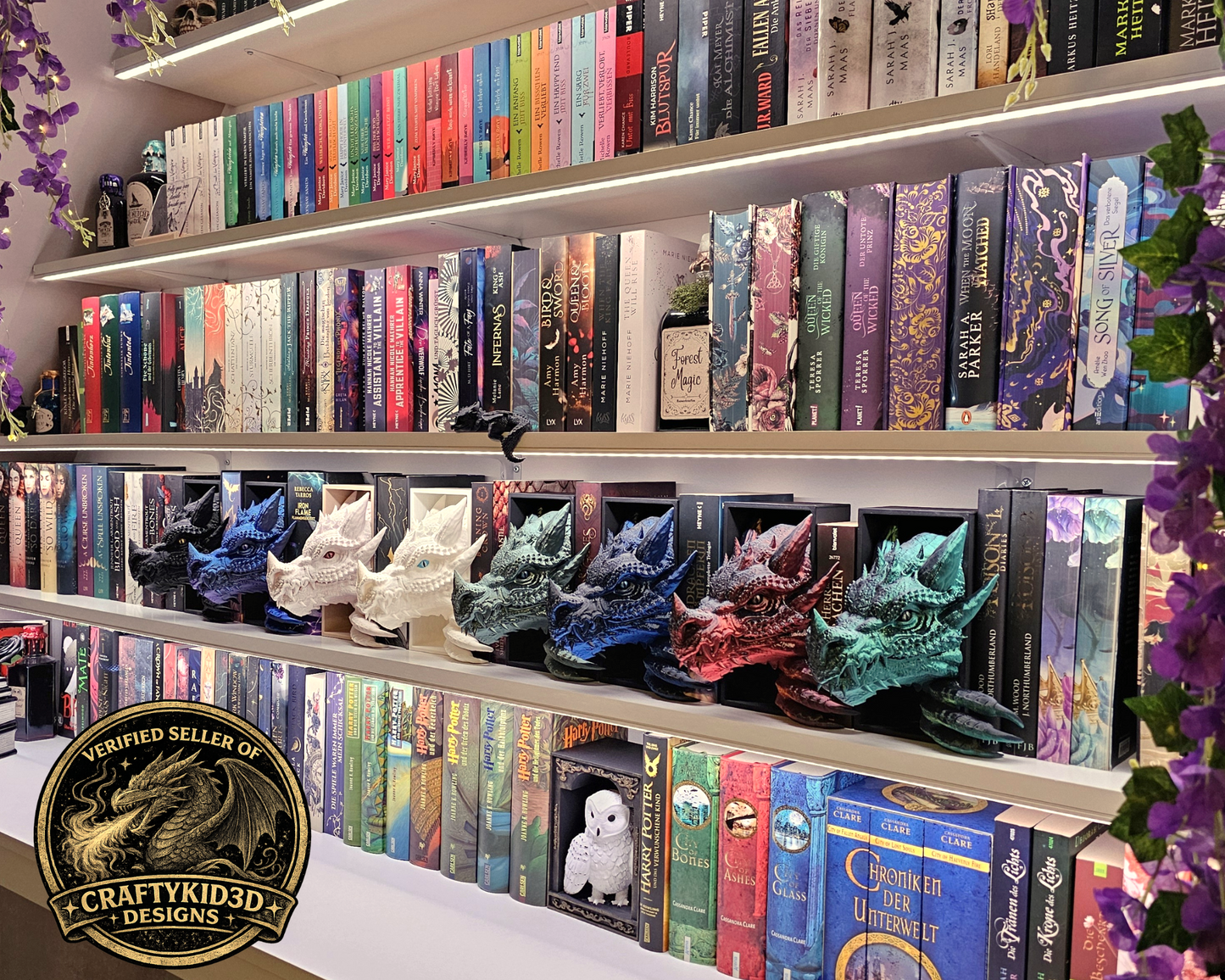 Book Nook Drache Blau/Lila/Schwarz  Set/Einzeln | 3D Druck | Buchstütze | Dekoration Bücherregal