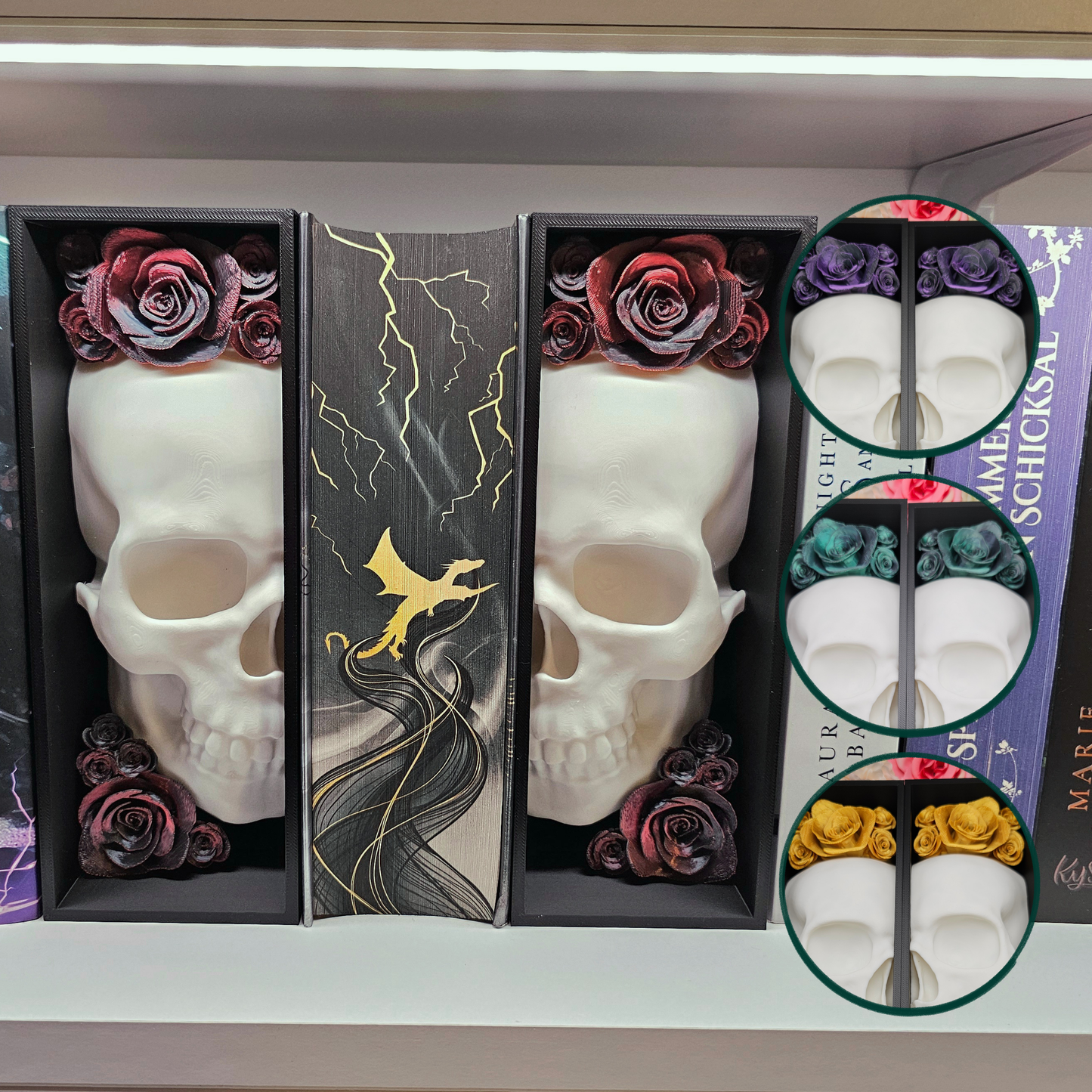 Book Nook Skull White with Roses 8 Colors to choose from Set/Single | 3D Print | Bookend | Bookshelf Decoration