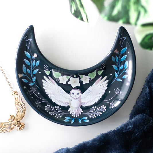 Jewellery dish "Crescent Moon Owl" ceramic blue