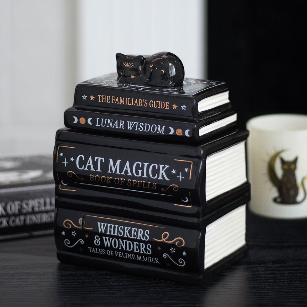 Duftlampe Teelicht "Black Cat Book Stack" Keramik schwarz