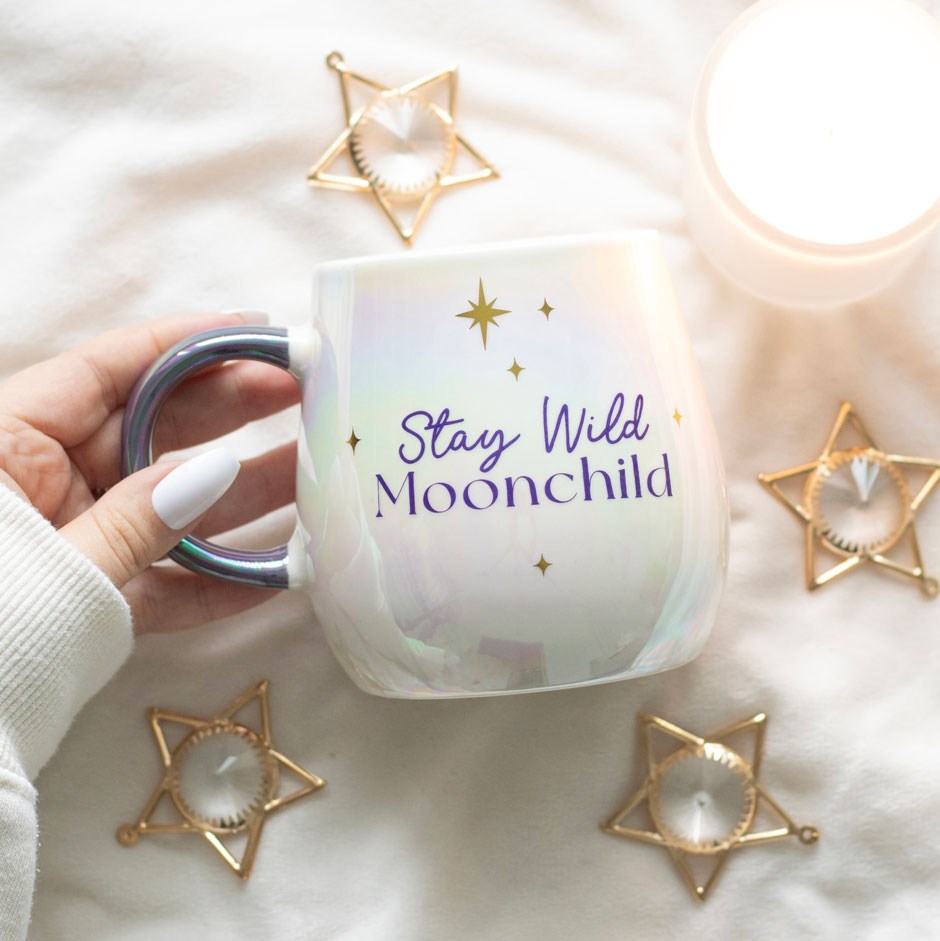 Mug "Stay Wild Moonchild" ceramic white iridescent