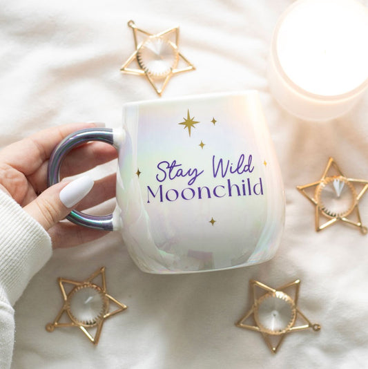 Mug "Stay Wild Moonchild" ceramic white iridescent