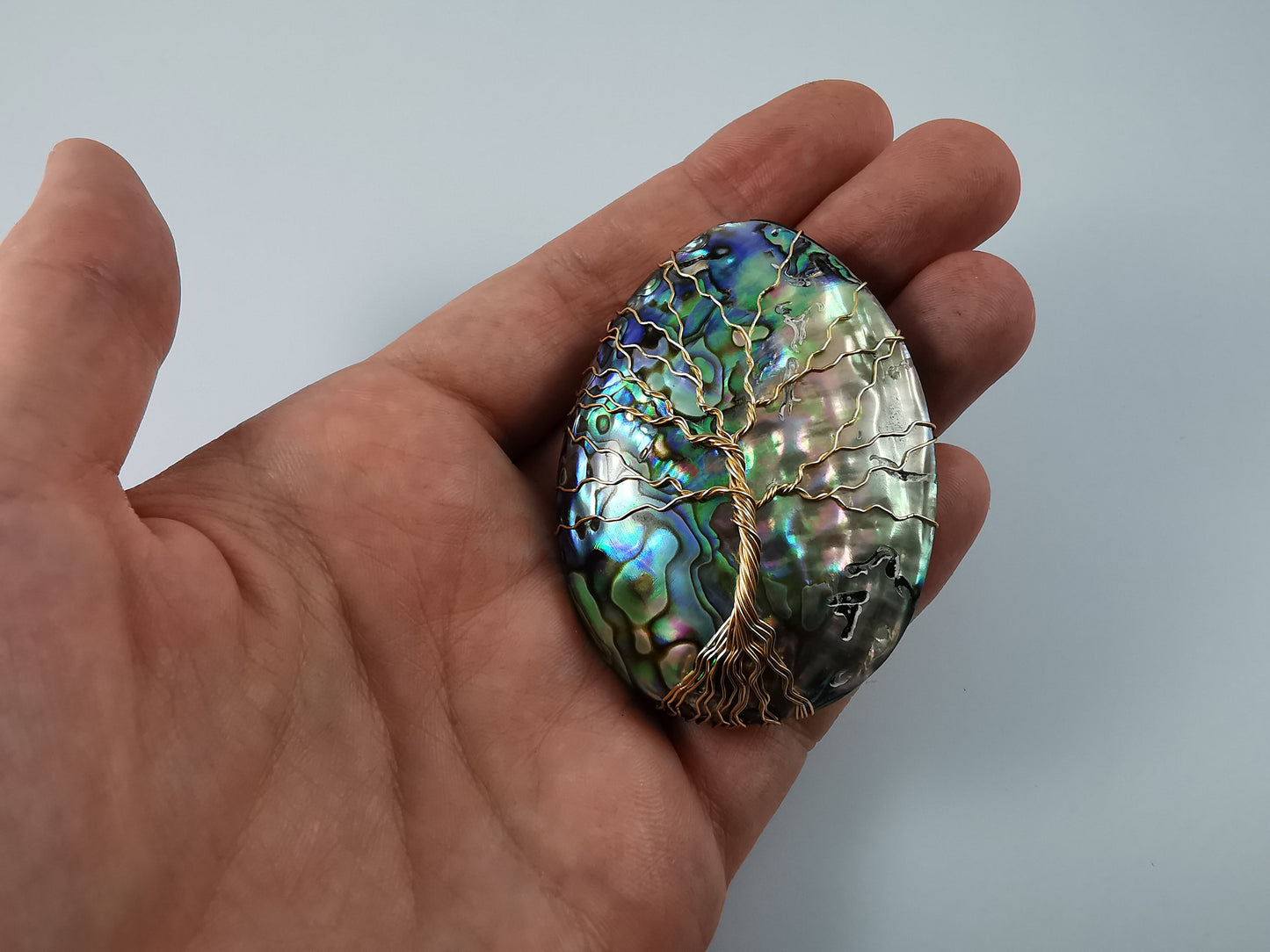 Baum des Lebens Yggdrasil Abalone Paua Muschel Anhänger Schmuckdraht gold Einzelstück